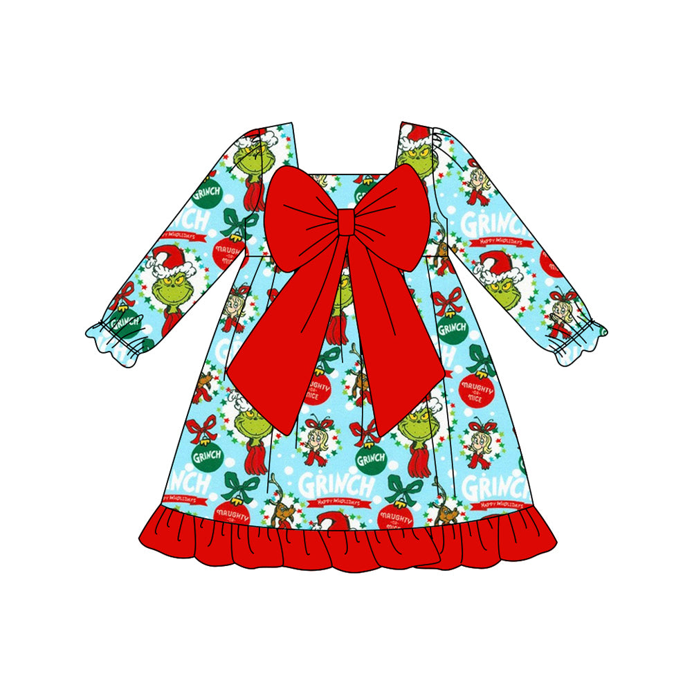 GLD1269 Baby Girls Christmas Green Face Bows Holly Ruffle Knee Length Dresses  D 904