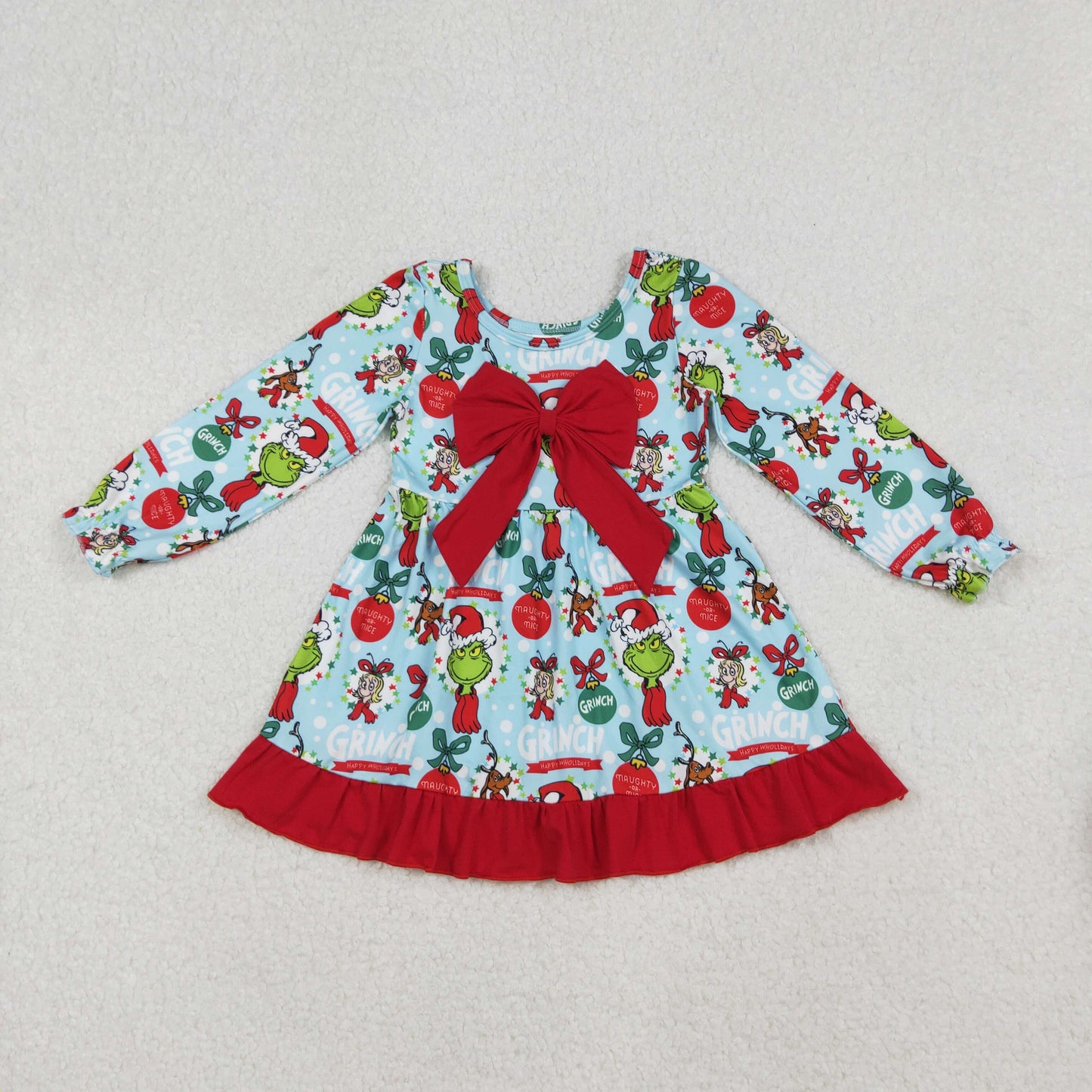 GLD1269 Baby Girls Christmas Green Face Bows Holly Ruffle Knee Length Dresses  D 904