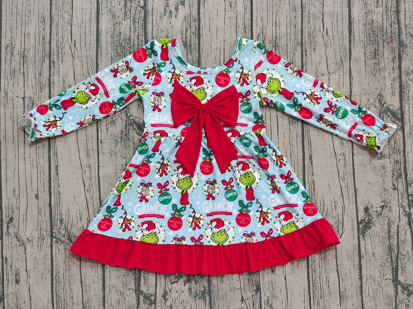 GLD1269 Baby Girls Christmas Green Face Bows Holly Ruffle Knee Length Dresses  D 904