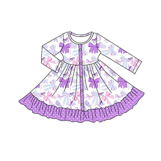 presale GLD1271  Purple Bow Pattern Polka Dot Lace Button Long Sleeve Dress D 818