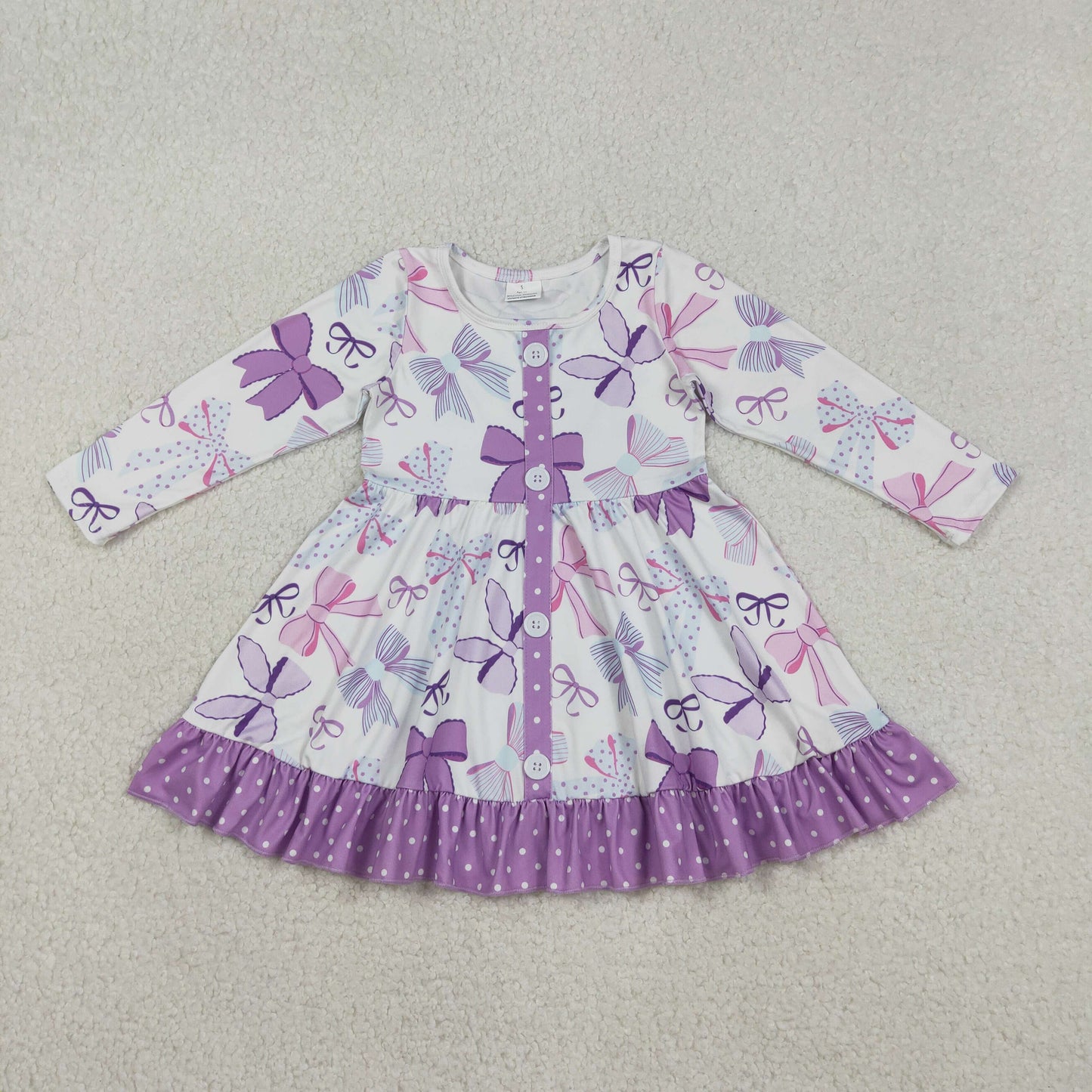 Baby Girls Knee-Length Ruffle Dress Purple Bows Button Detail Cute Infant Girl Outfit