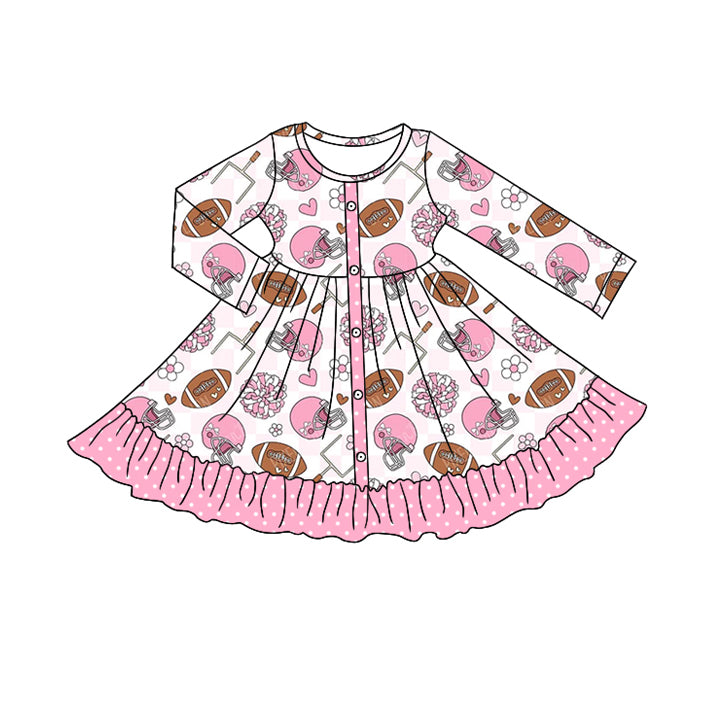presale GLD1272  Baby Girls Pink Flowers Baseballs Button Ruffle Knee Length Dresses  D 820