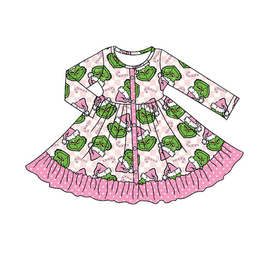 presale GLD1273 Baby Girls Grenn Face Button Ruffle Christmas Knee Length Dresses D 820