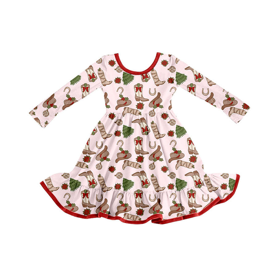 GLD1274 Baby Girls Boots Holly Christmas Ruffle Knee Length Dresses  D 905