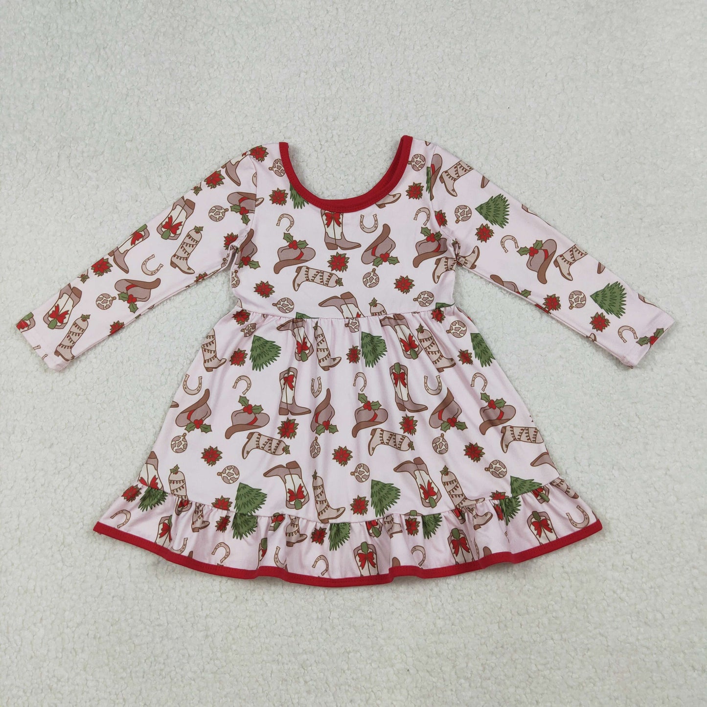 GLD1274 Baby Girls Boots Holly Christmas Ruffle Knee Length Dresses  D 905