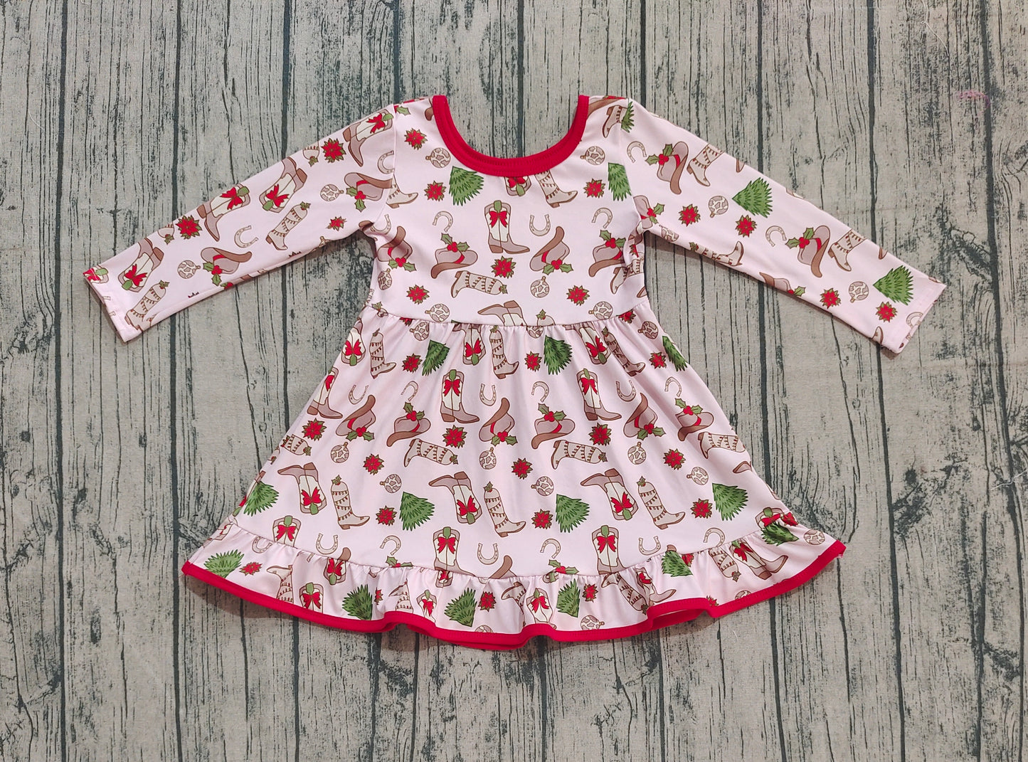GLD1274 Baby Girls Boots Holly Christmas Ruffle Knee Length Dresses  D 905
