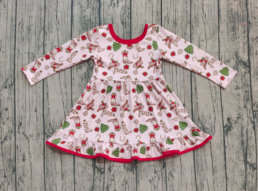presale GLD1274 Baby Girls Boots Holly Christmas Ruffle Knee Length Dresses  D 905