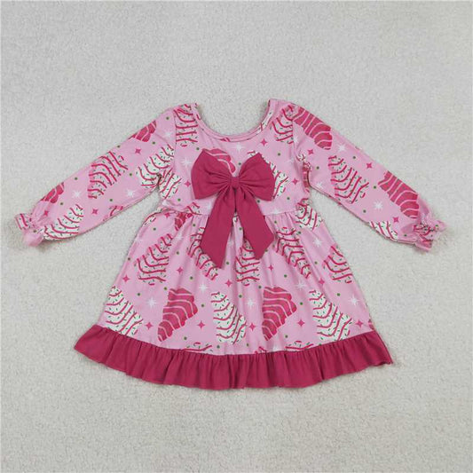 GLD1276 Baby Girls Pink Christmas Trees Stars Bows Ruffle Knee Length Dresses  D 905