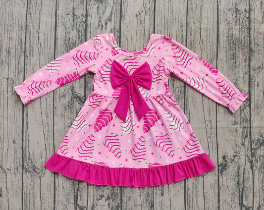 presale GLD1276 Baby Girls Pink Christmas Trees Stars Bows Ruffle Knee Length Dresses  D 905