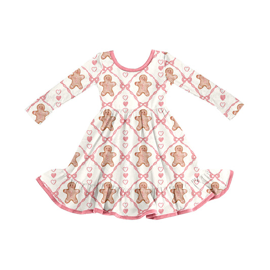 presale GLD1278 Baby Girls Pink Hearts Gingerbread Plaid Christmas Knee Length Dresses D 821