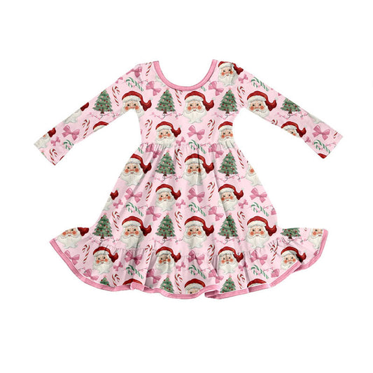 presale GLD1279 Baby Girls Pink Santa Candy Cane Plaid Christmas Knee Length Dresses D 830