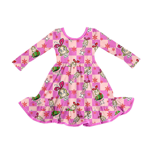 presale GLD1281  Baby Girls Pink Checked Cartoon Miss Christmas Ruffle Knee Length Dresses D 902