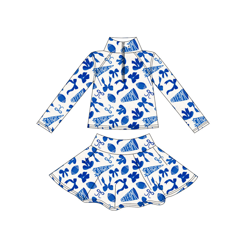 GLD1283 Baby Girls Hot Blue Bows Go Team Yoga Zipper Pullovers Skorts Clothes Set  D 1027