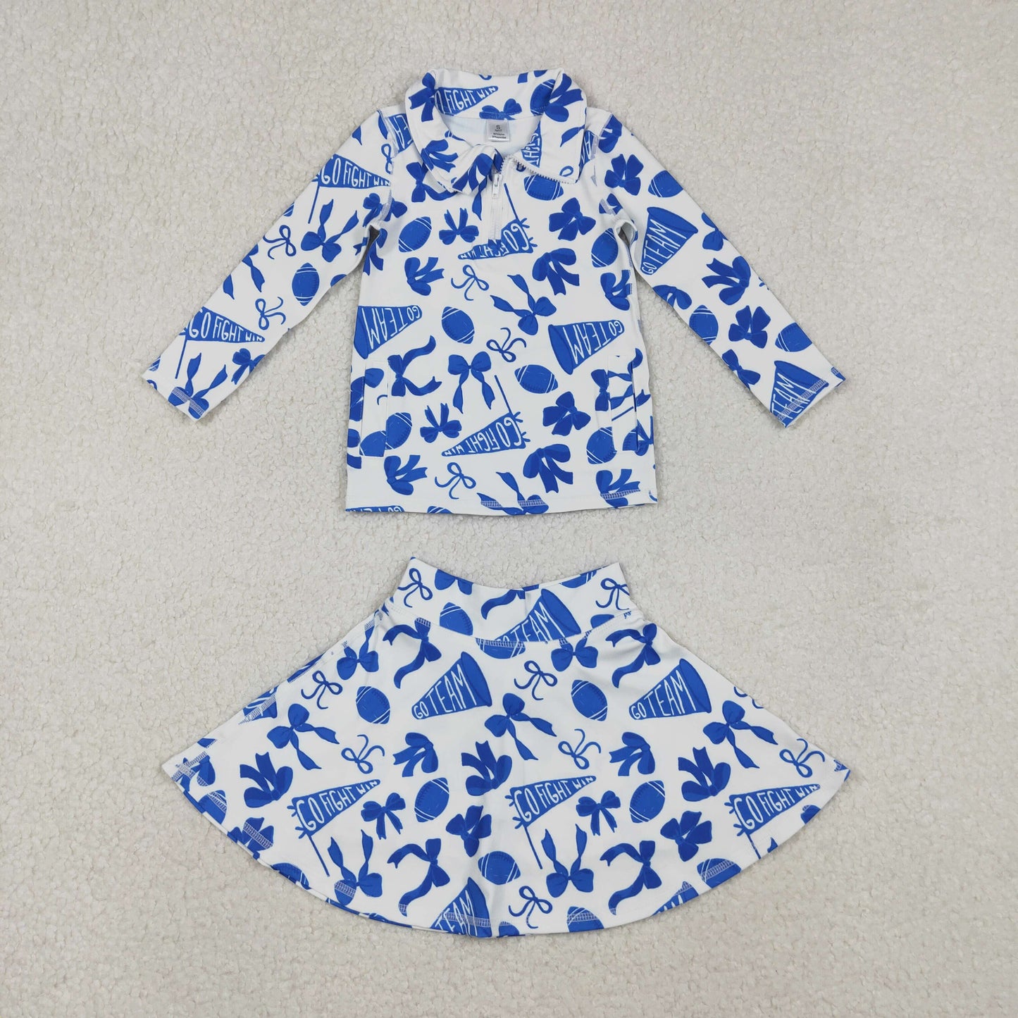GLD1283 Baby Girls Hot Blue Bows Go Team Yoga Zipper Pullovers Skorts Clothes Set  D 1027