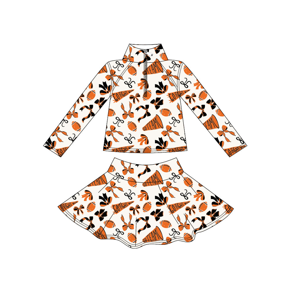 GLD1285 Baby Girls Orange Black Bows Go Team Yoga Zipper Pullovers Skorts Clothes Set  D 1025