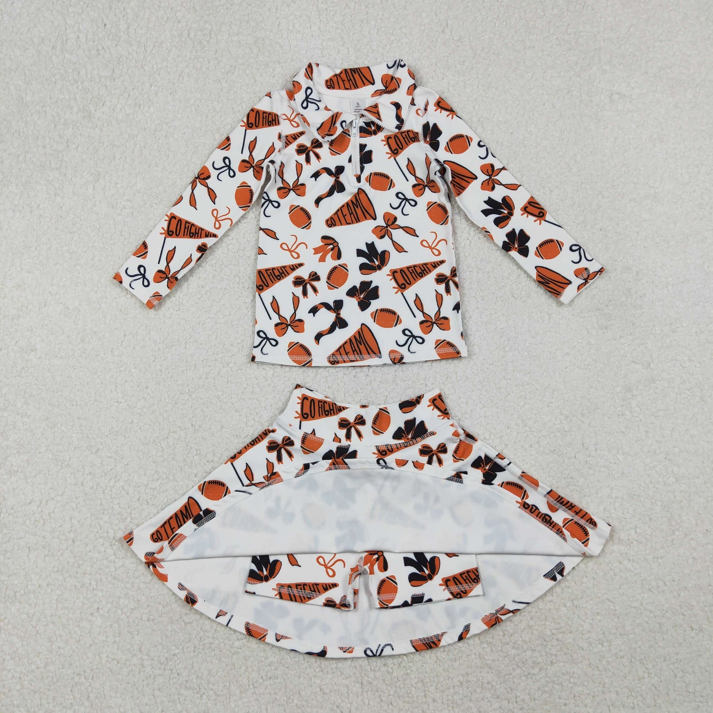 GLD1285 Baby Girls Orange Black Bows Go Team Yoga Zipper Pullovers Skorts Clothes Set  D 1025