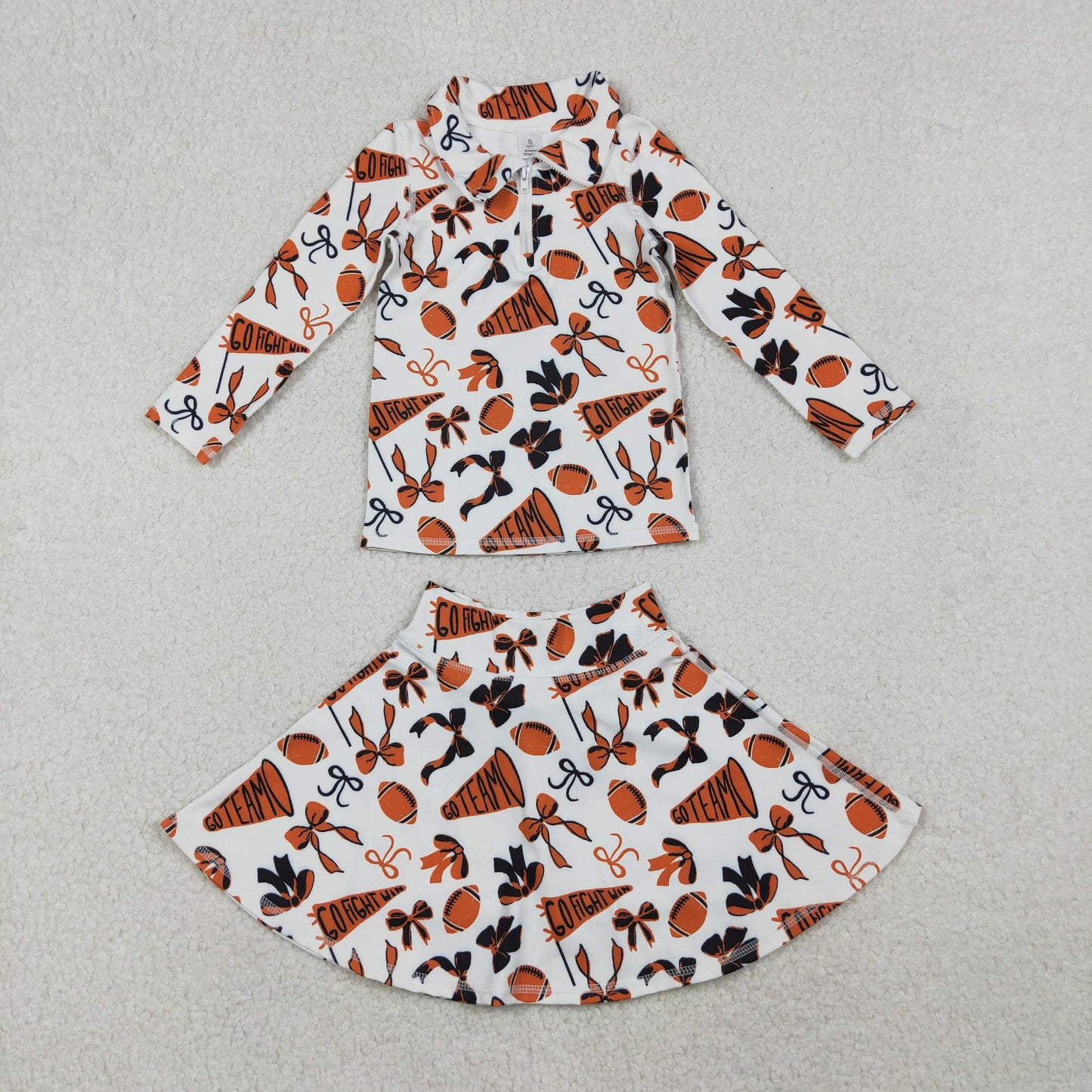 GLD1285 Baby Girls Orange Black Bows Go Team Yoga Zipper Pullovers Skorts Clothes Set  D 1025
