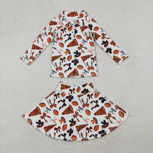 GLD1285 Baby Girls Orange Black Bows Go Team Yoga Zipper Pullovers Skorts Clothes Set  D 1025