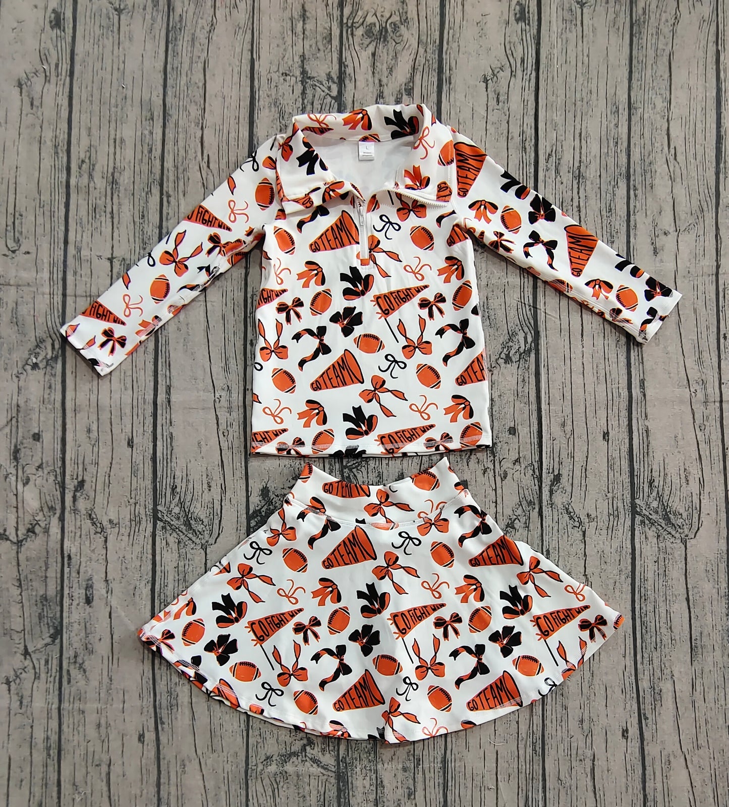GLD1285 Baby Girls Orange Black Bows Go Team Yoga Zipper Pullovers Skorts Clothes Set  D 1025