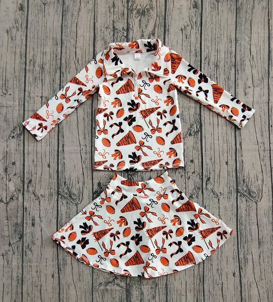 presale GLD1285 Baby Girls Orange Black Bows Go Team Yoga Zipper Pullovers Skorts Clothes Set  D 906