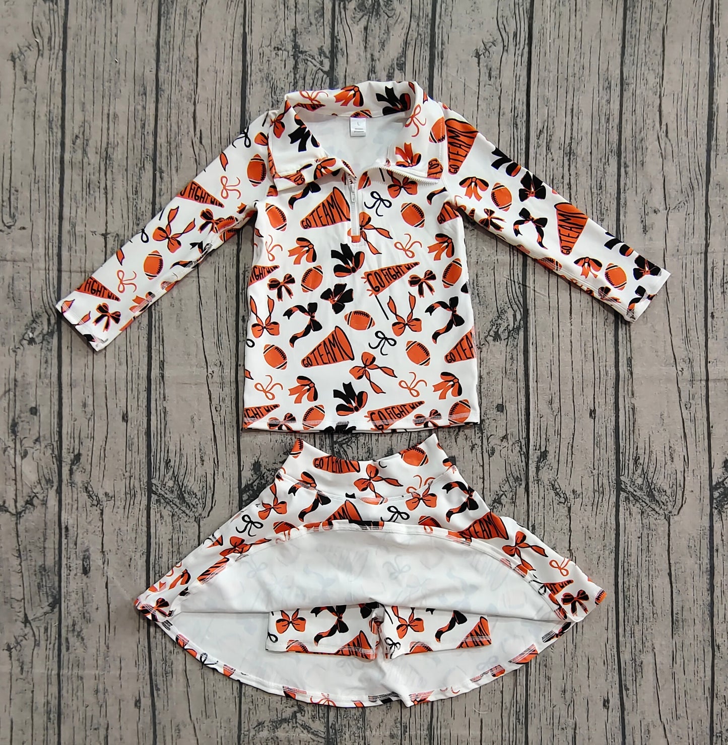 GLD1285 Baby Girls Orange Black Bows Go Team Yoga Zipper Pullovers Skorts Clothes Set  D 1025