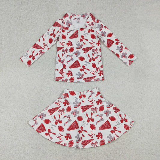 Baby Girls Red Bows Go Team Zipper Pullover Top with Skirt Short Yoga Active Outfit Set for Kids