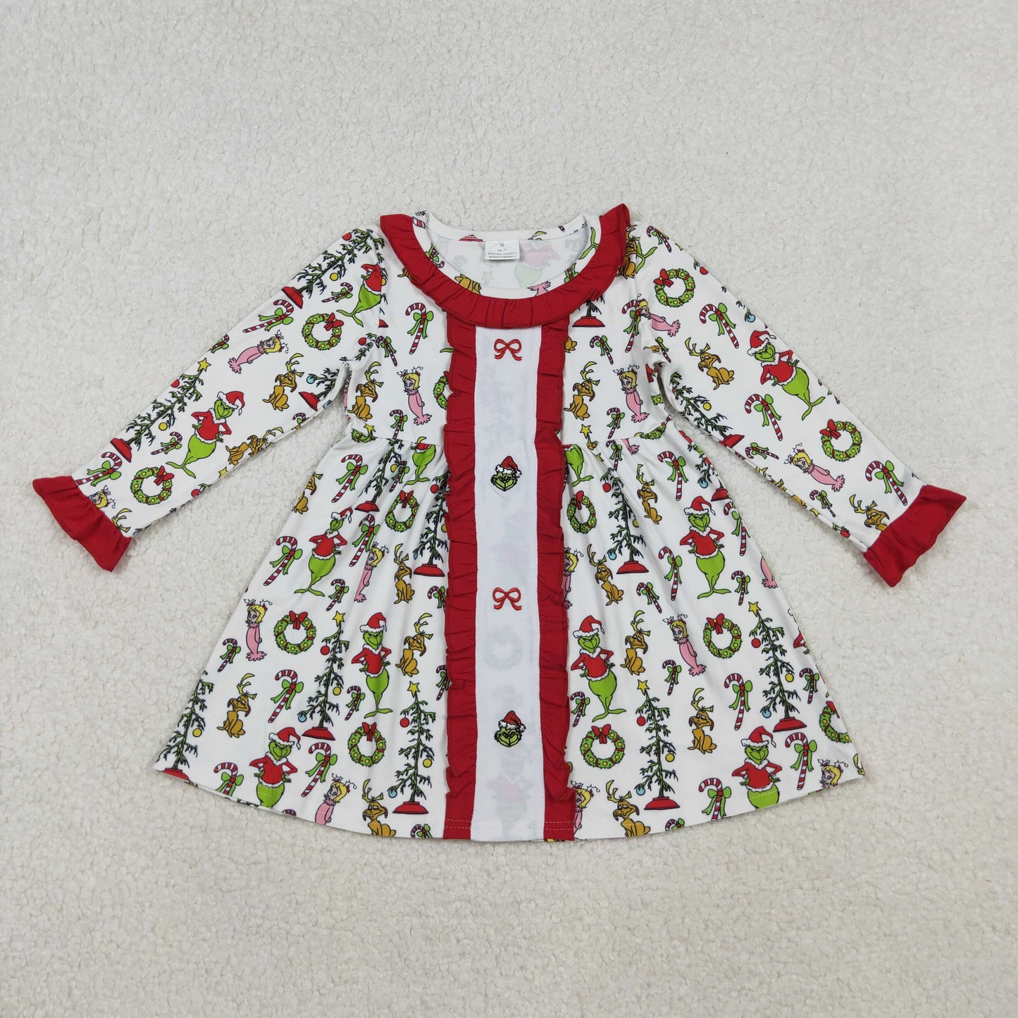 GLD1289  Embroidery Baby Girls Green Face Miss Bows Christmas Knee Length Dresses D 1022