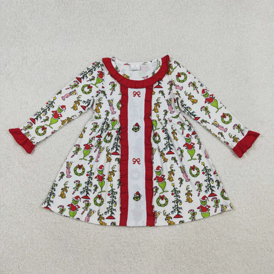 GLD1289 Embroidery Baby Girls Green Face Miss Bows Christmas Knee Length Dresses D 1022