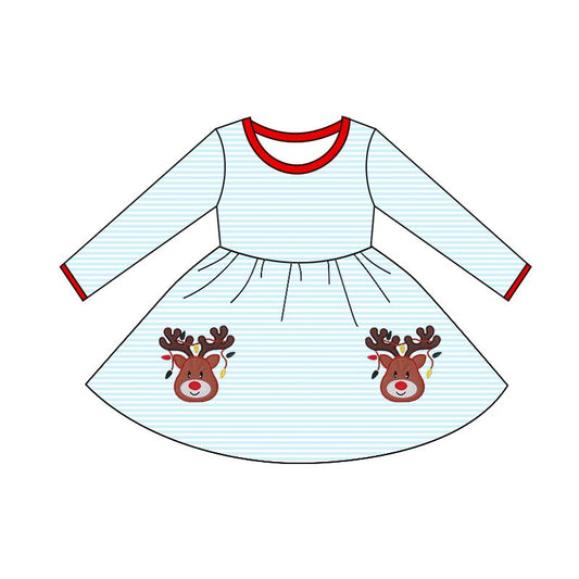 presale GLD1293 Baby Girls Blue Stripe Deer Lights Christmas Knee Length Dress D 909