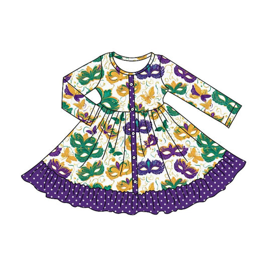 presale GLD1294 Baby Girls Mardi Gras Masks Button Ruffle Knee Length Dress  D 909