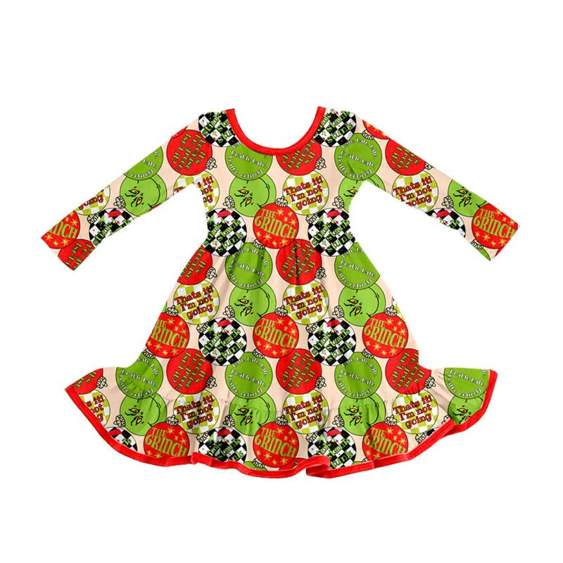 GLD1296  Baby Girls Red Green Face Lights Christmas Ruffle Knee Length Dress  D 911