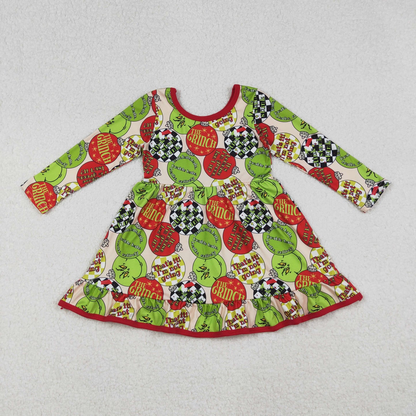GLD1296  Baby Girls Red Green Face Lights Christmas Ruffle Knee Length Dress  D 911