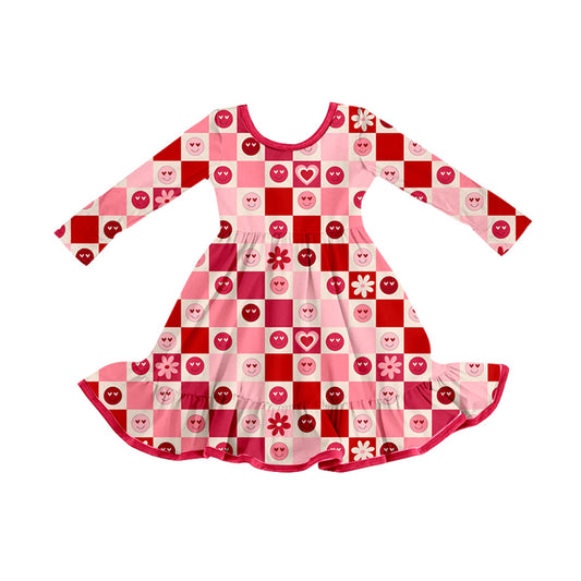 presale GLD1297 Baby Girls Red Hearts Smiles Checked Valentine Ruffle Knee Length Dress D 911