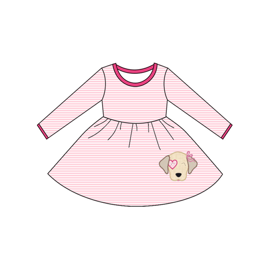 presale GLD1298 Baby Girls Pink Stripe Heart Dog Valentine Knee Length Dress   D 911
