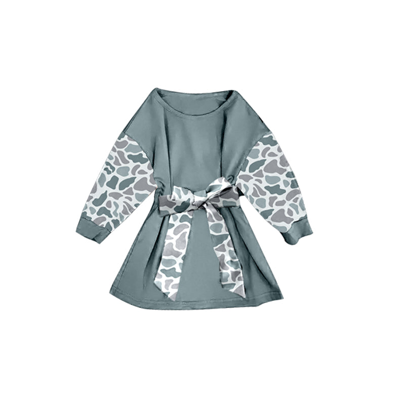presale GLD1299 Baby Girls Grey Camo Long Sleeve Belt Western Knee Length Dresses  D 911