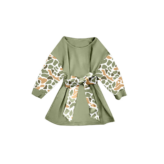 presale GLD1301 Baby Girls Green Camo Long Sleeve Belt Western Knee Length Dresses D 911