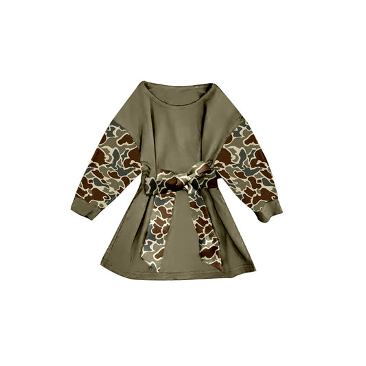 presale GLD1303 Baby Girls Olive Camo Long Sleeve Belt Western Knee Length Dresses D 911