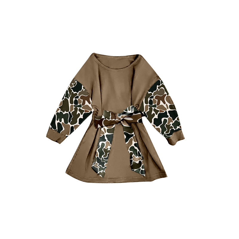 presale GLD1304 Baby Girls Brown Camo Long Sleeve Belt Western Knee Length Dresses  D 913