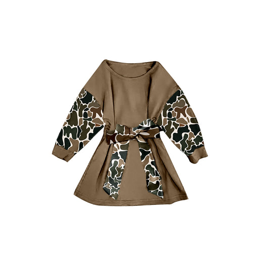 presale GLD1304 Baby Girls Brown Camo Long Sleeve Belt Western Knee Length Dresses D 913
