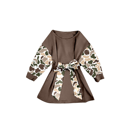 presale GLD1305 Baby Girls Deer Dogs Ducks Camo Long Sleeve Belt Western Knee Length Dresses D 913