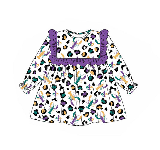presale GLD1307 Baby Girls Mardi Gras Leopard Crayfishes Ruffle Sleeve Knee Length Dresses  D 913