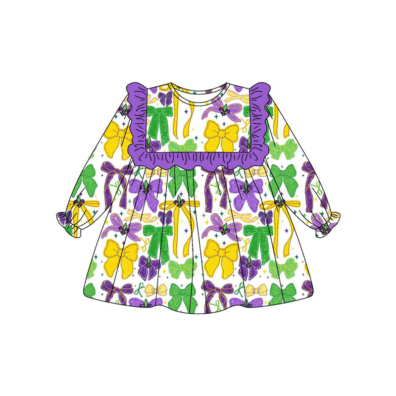 presale GLD1308 Baby Girls Purple Yellow Green Bows Mardi Gras Knee Length Dresses   D 912