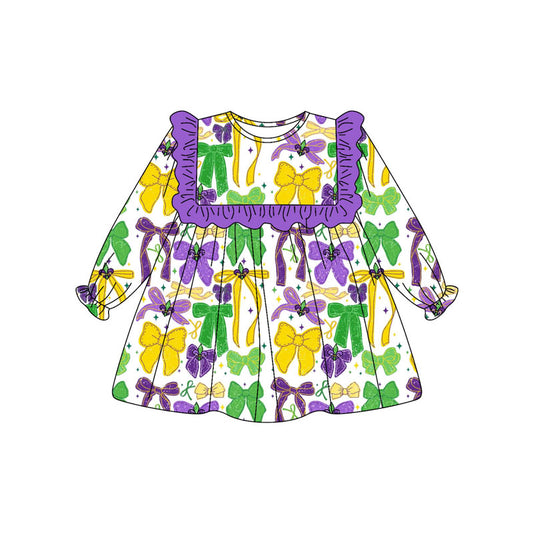 presale GLD1308 Baby Girls Purple Yellow Green Bows Mardi Gras Knee Length Dresses   D 912