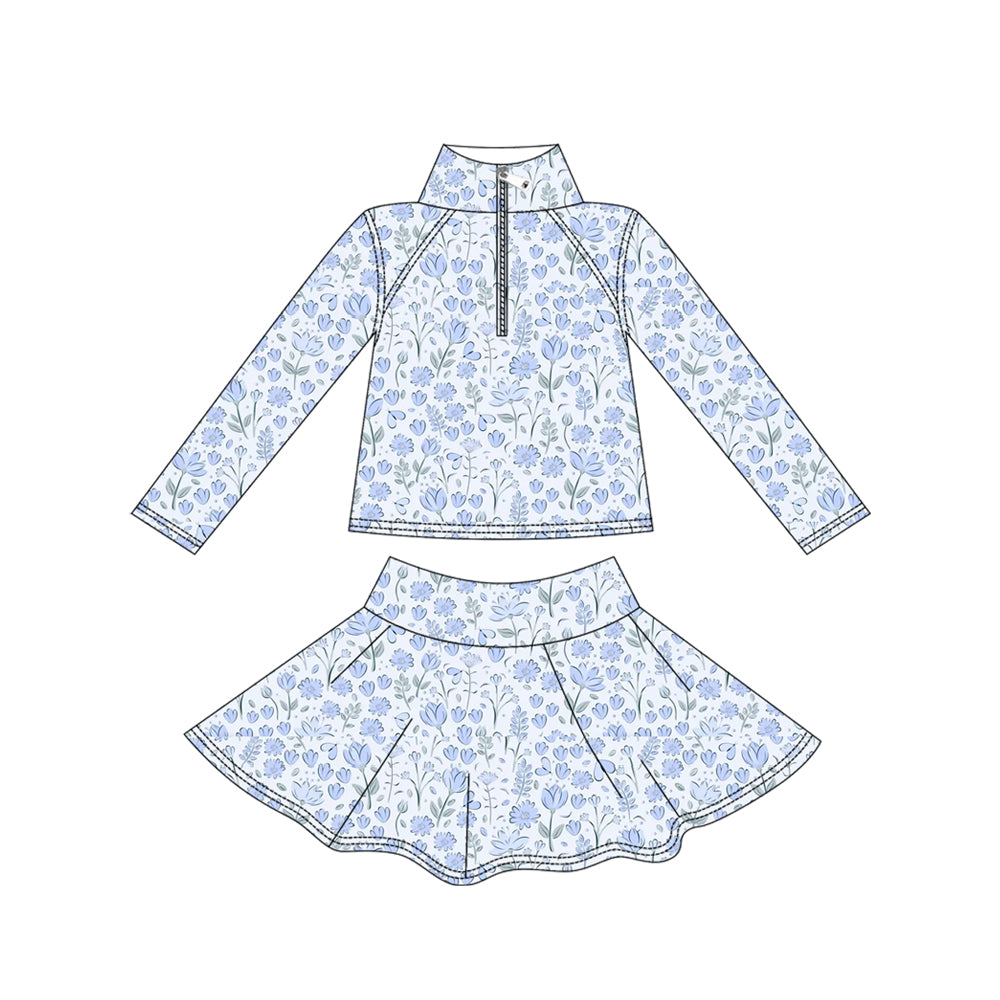 presale GLD1310  Baby Girls Blue Flowers Yoga Zipper Pullovers Skorts Clothes Set D 912