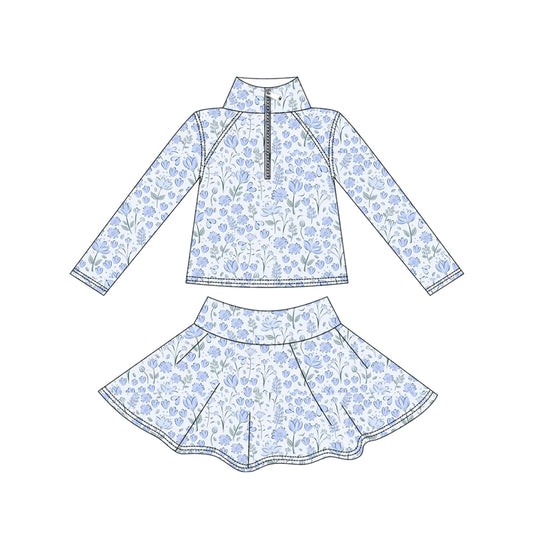 presale GLD1310 Baby Girls Blue Flowers Yoga Zipper Pullovers Skorts Clothes Set D 912