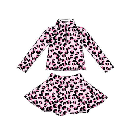 presale GLD1313 Baby Girls Pink Black Leopard Yoga Zipper Pullovers Skorts Clothes Set D 912