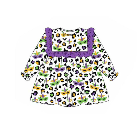 presale GLD1319  Baby Girls Purple Green Yellow Leopard Masks Mardigras Knee Length Dress  D 912