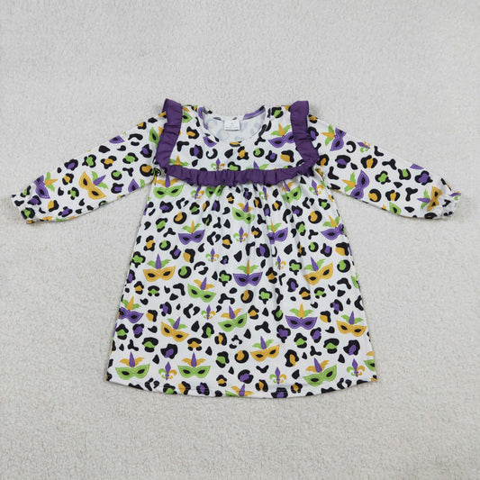 Baby Girls Knee-Length Dress with Leopard Masks in Purple Green Yellow Mardigras Theme