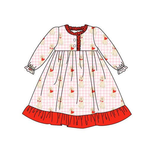 presale GLD1322 Baby Girls Pink Checked Dogs Hearts Button Ruffle Valentine Knee Length Dress   D 915