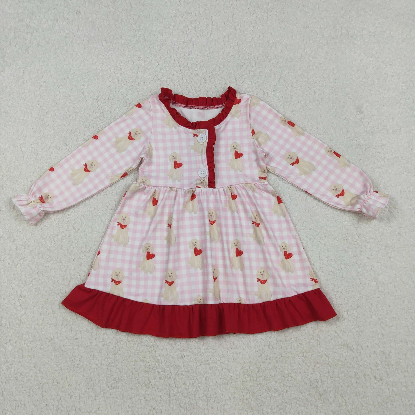 GLD1322 Baby Girls Pink Checked Dogs Hearts Button Ruffle Valentine Knee Length Dress   D 1023